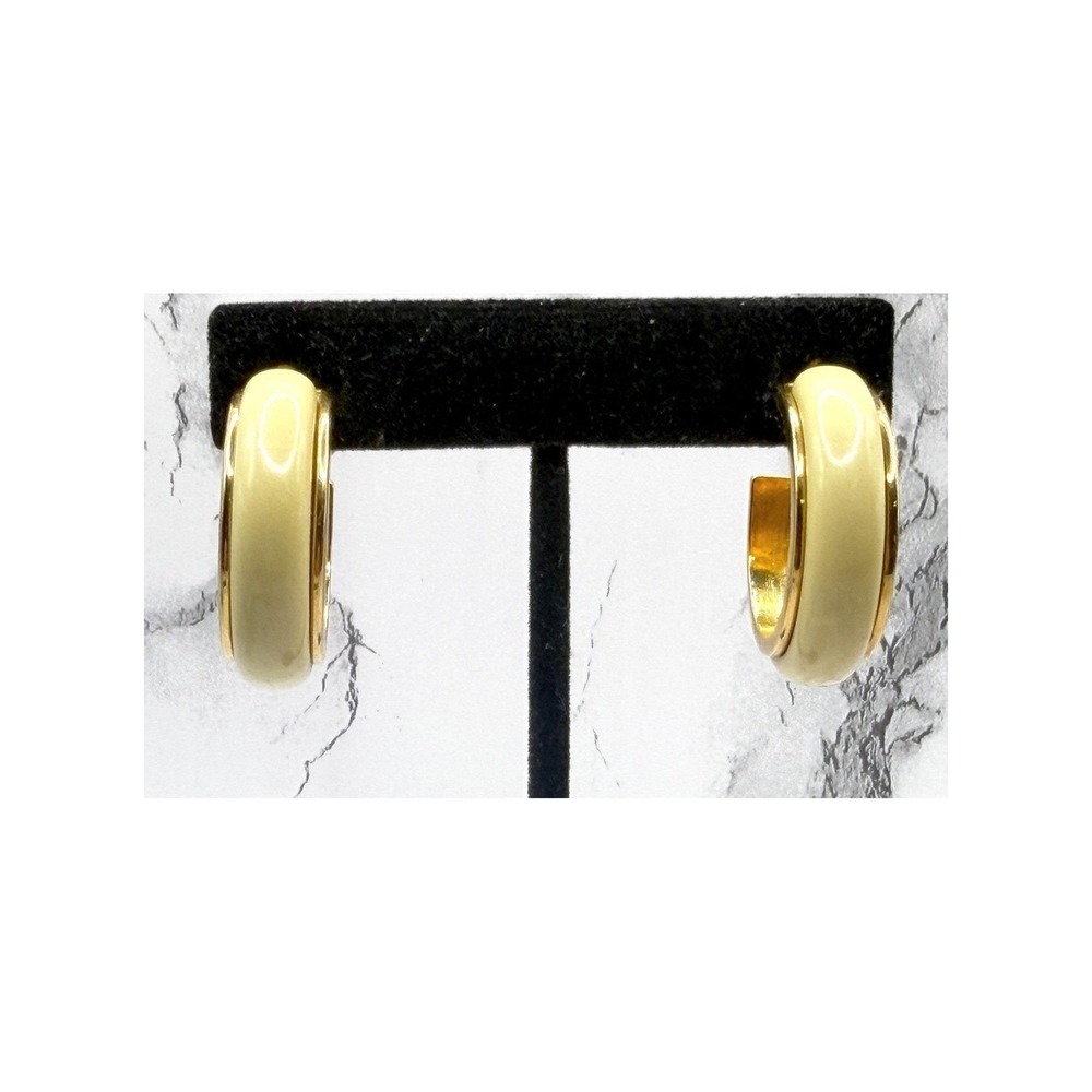 Avon Cream Enamel Hoop Earrings Gold Tone 1.25" Classic